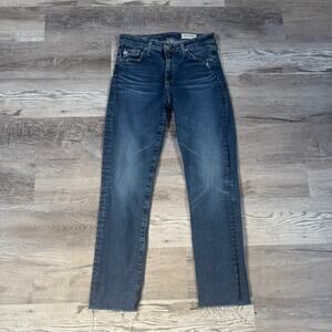 AG Adriano Goldschmied Mari Crop Blue High Rise Slim Straight Raw Hem Jeans 27